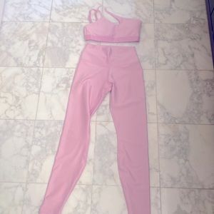 ALO Airlift High Waist Legging and All Nighter Bra Set in Sugarplum Pink